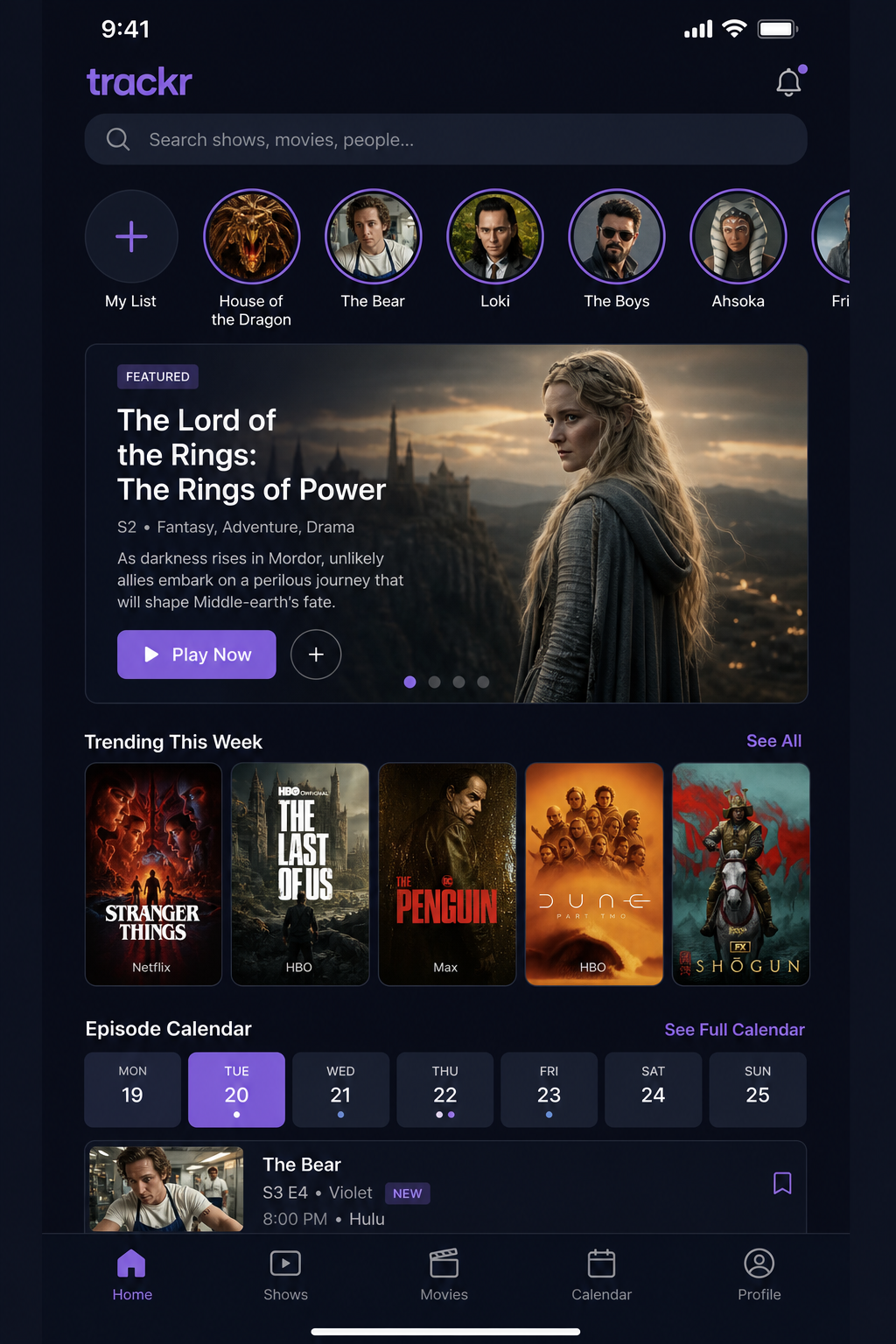 Schermata Home di TV Tracker
